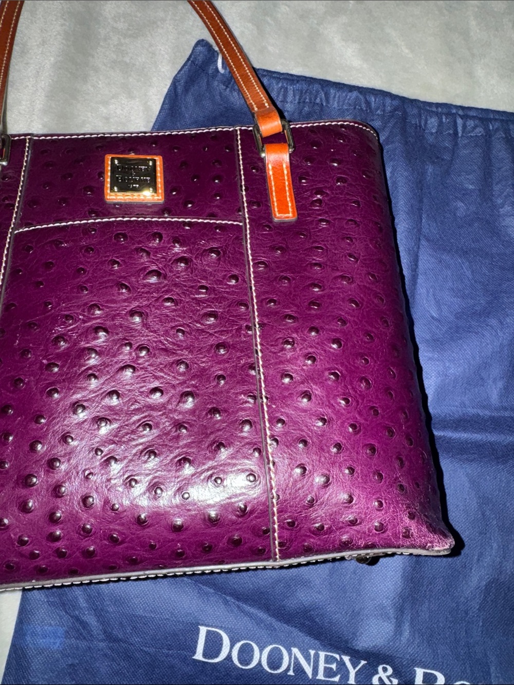 Dooney & Bourke Plum Ostrich-Embossed Tote with Brown Leather Handles - Picture 16 of 16